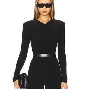 Long Sleeve Shoulder Pad V Neck Top in Black